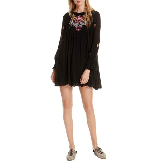 FREE PEOPLE Womens Black Embroidered Mohave Long Sleeve Jewel Neck Micro Mini Dress Size: S