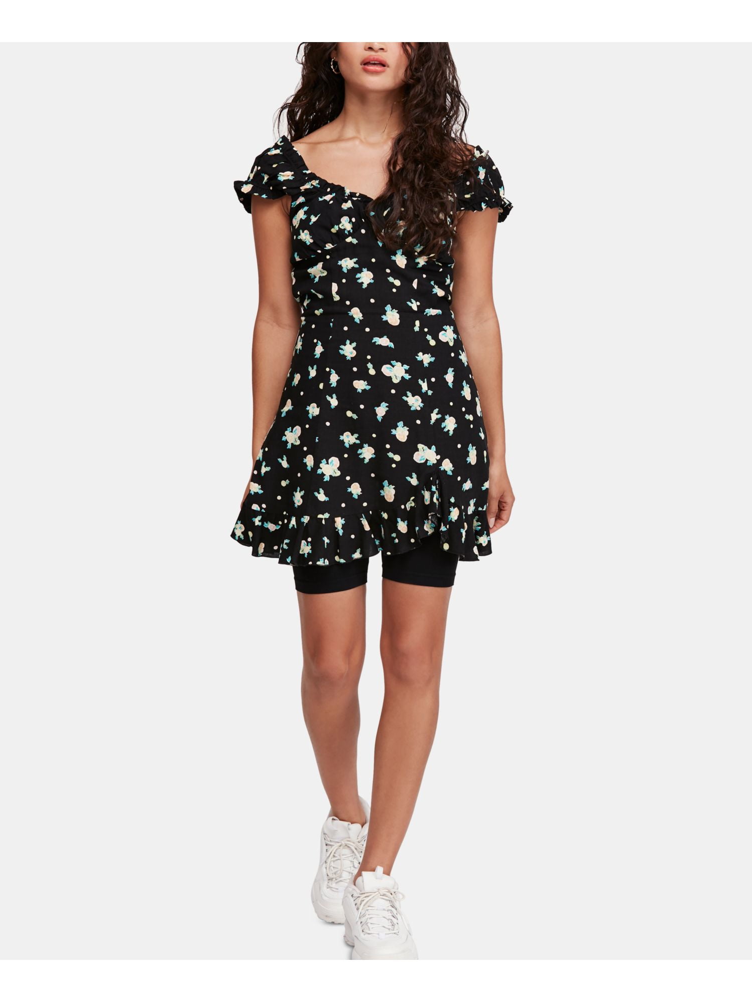 FREE PEOPLE Womens Black Floral Short Sleeve V Neck Mini Fit + Flare Dress  Size L - Walmart.com