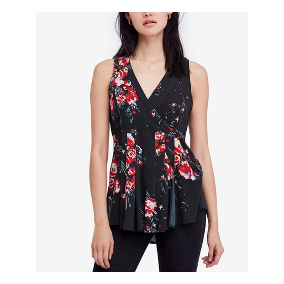 FREE PEOPLE Womens Black Floral Sleeveless V Neck Tunic Casual Top S