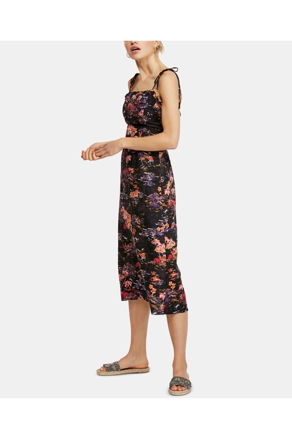 Womens Black Floral Square Neck Tea-Length Shift Dress Size: 0