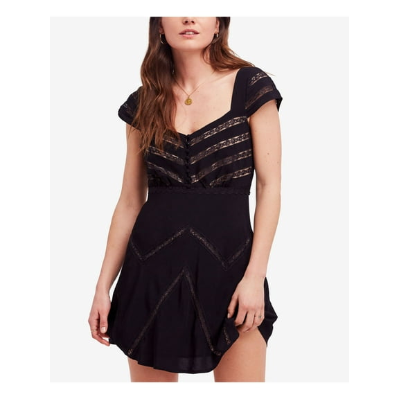 FREE PEOPLE Womens Black Lace Shadow Stripe Cap Sleeve V Neck Mini Party Dress 0