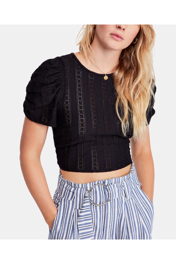 Womens Black Open Tie-back Eyelet Peasant Evening Top Size: S