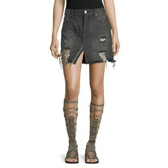 FREE PEOPLE Womens Black Relaxed Ripped Denim Mini Casual Skirt 29 Waist