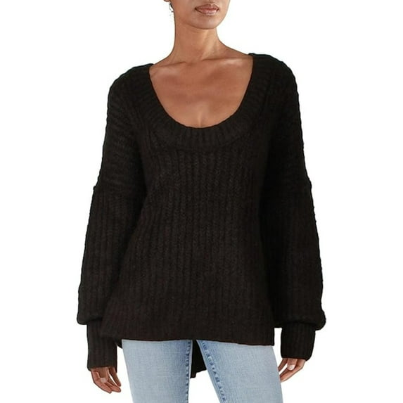 FREE PEOPLE Womens Black Ribbed Pullover Vented Hi-lo Hem Long Sleeve Scoop Neck Sweater S