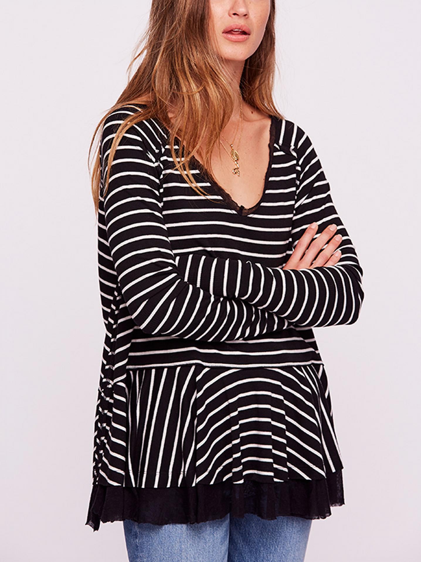 FREE PEOPLE Womens Black Striped Long Sleeve V Neck Peplum Top