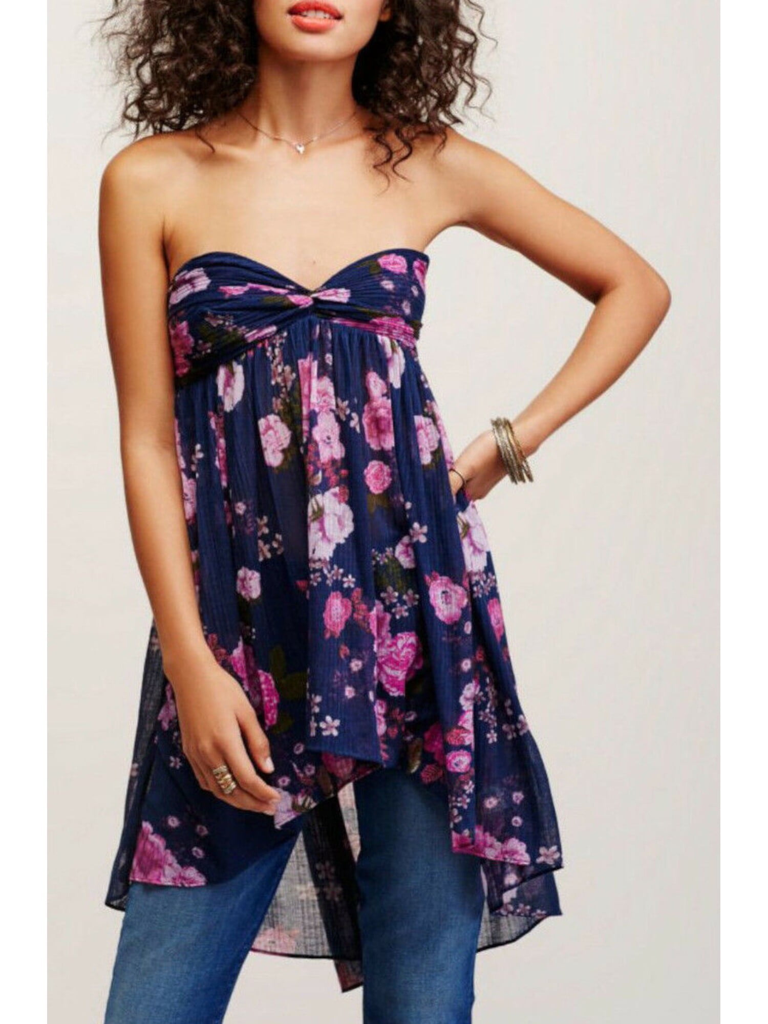FREE PEOPLE Womens Blue Floral Strapless Mini Dress Size XS