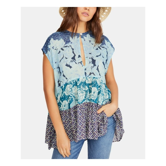 FREE PEOPLE Womens Blue Ruffled Printed Cap Sleeve Keyhole Top S