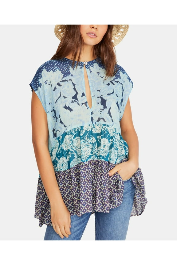 Womens Blue Ruffled Printed Cap Sleeve Keyhole Top S