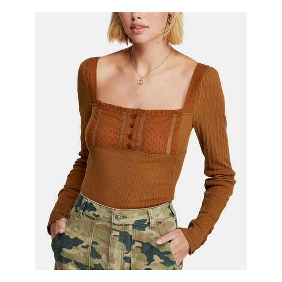 FREE PEOPLE Womens Brown Long Sleeve Square Neck Top Size: L