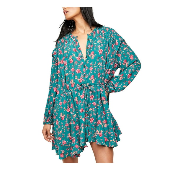 FREE PEOPLE Womens Green Floral Long Sleeve Jewel Neck Short Fit + Flare Dress S
