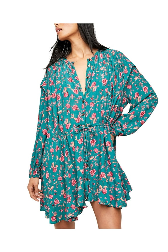 Womens Green Floral Long Sleeve Jewel Neck Short Fit + Flare Dress S