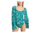 thumbnail image 1 of FREE PEOPLE Womens Green Floral Long Sleeve Scoop Neck Bodysuit Size: M, 1 of 2
