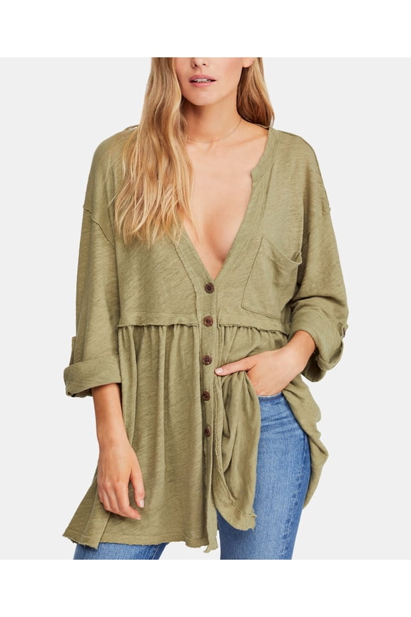 Womens Green Long Sleeve V Neck Button Up Top Size: S