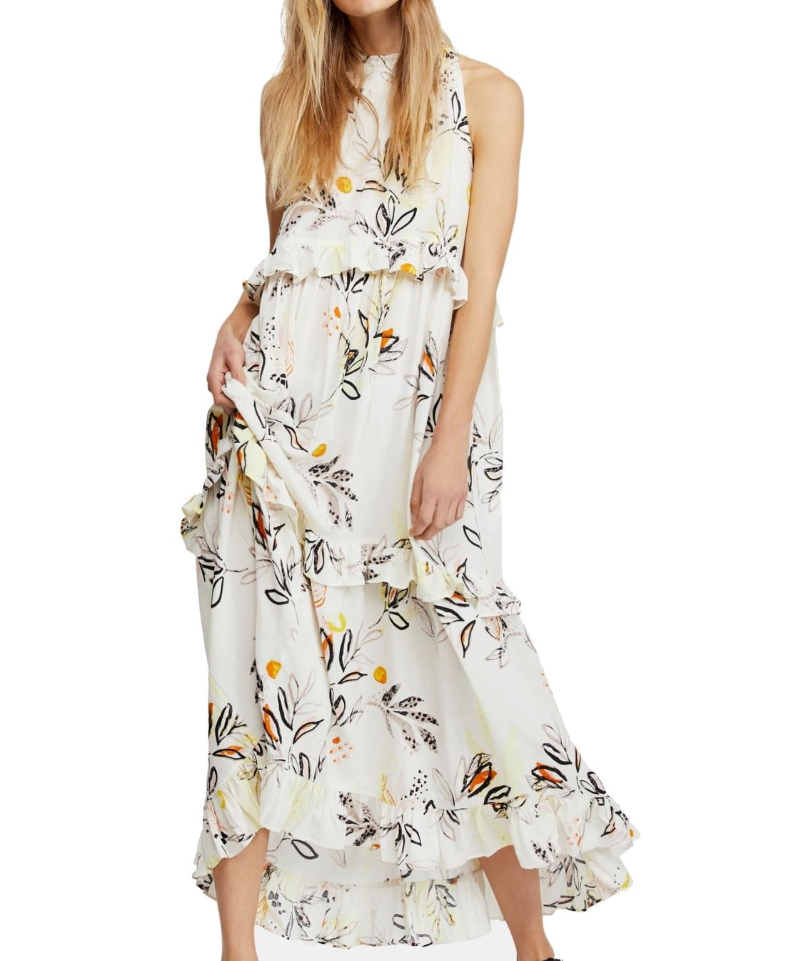 Free People Womens Anita Floral Ruffled Maxi Dress Ivory L