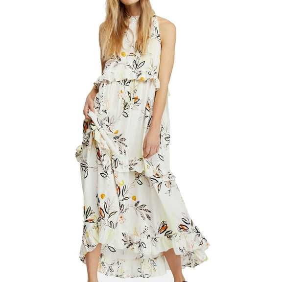 FREE PEOPLE Womens Ivory Floral Sleeveless Crew Neck Maxi Ruffled Dress  Size: L