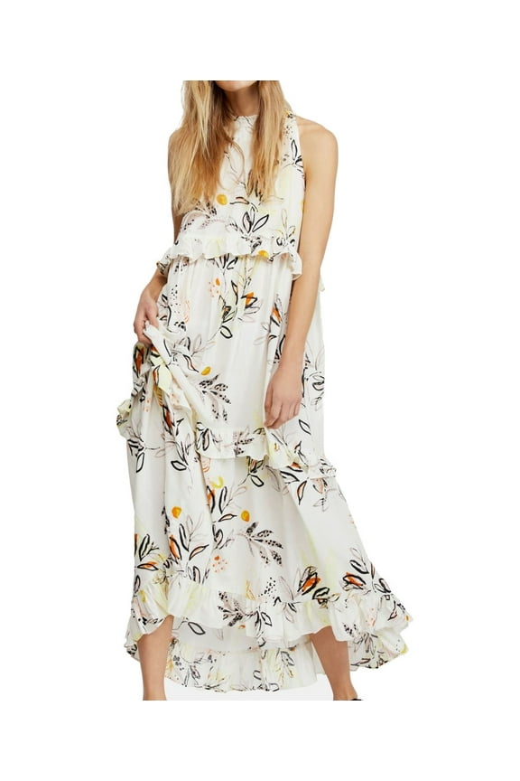 Womens Ivory Floral Sleeveless Crew Neck Maxi Ruffled Dress Size: L