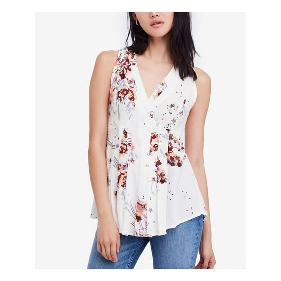 FREE PEOPLE Womens Ivory Floral Sleeveless V Neck Tunic Top XS