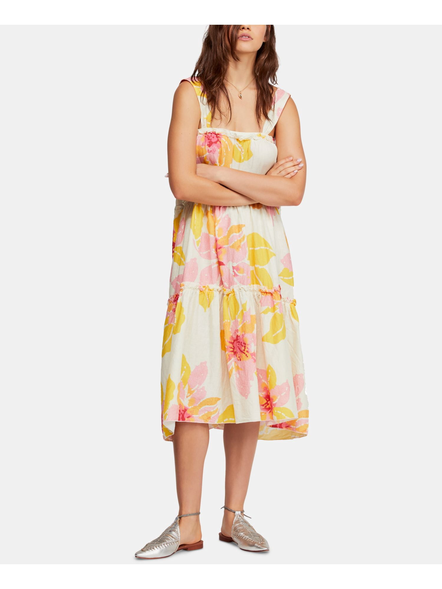 FREE PEOPLE Womens Ivory Ruffled Floral Sleeveless Scoop Neck Midi Shift  Dress L - Walmart.com