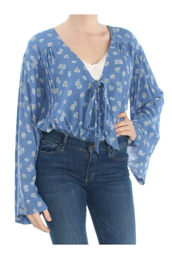 Womens Light Blue Floral Tie Bell Sleeve Body Suit Top XS