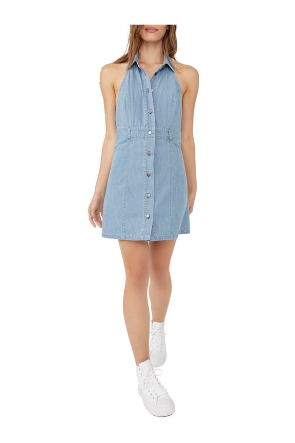 Womens Light Blue Open Front Pocketed Collared Button Front Sleeveless Halter Mini Fit + Flare Dress M