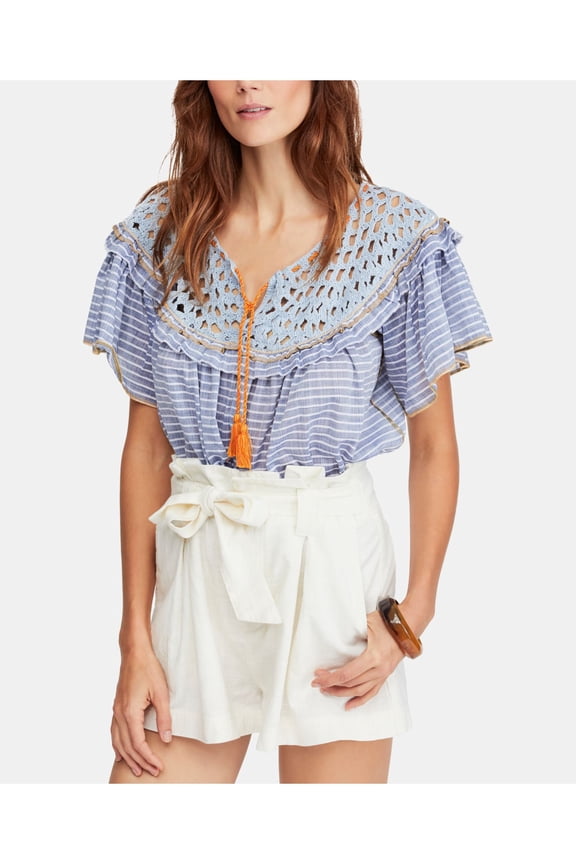 Womens Navy Cotton Ruffled Crochet Striped Short Sleeve Scoop Neck Blouse L