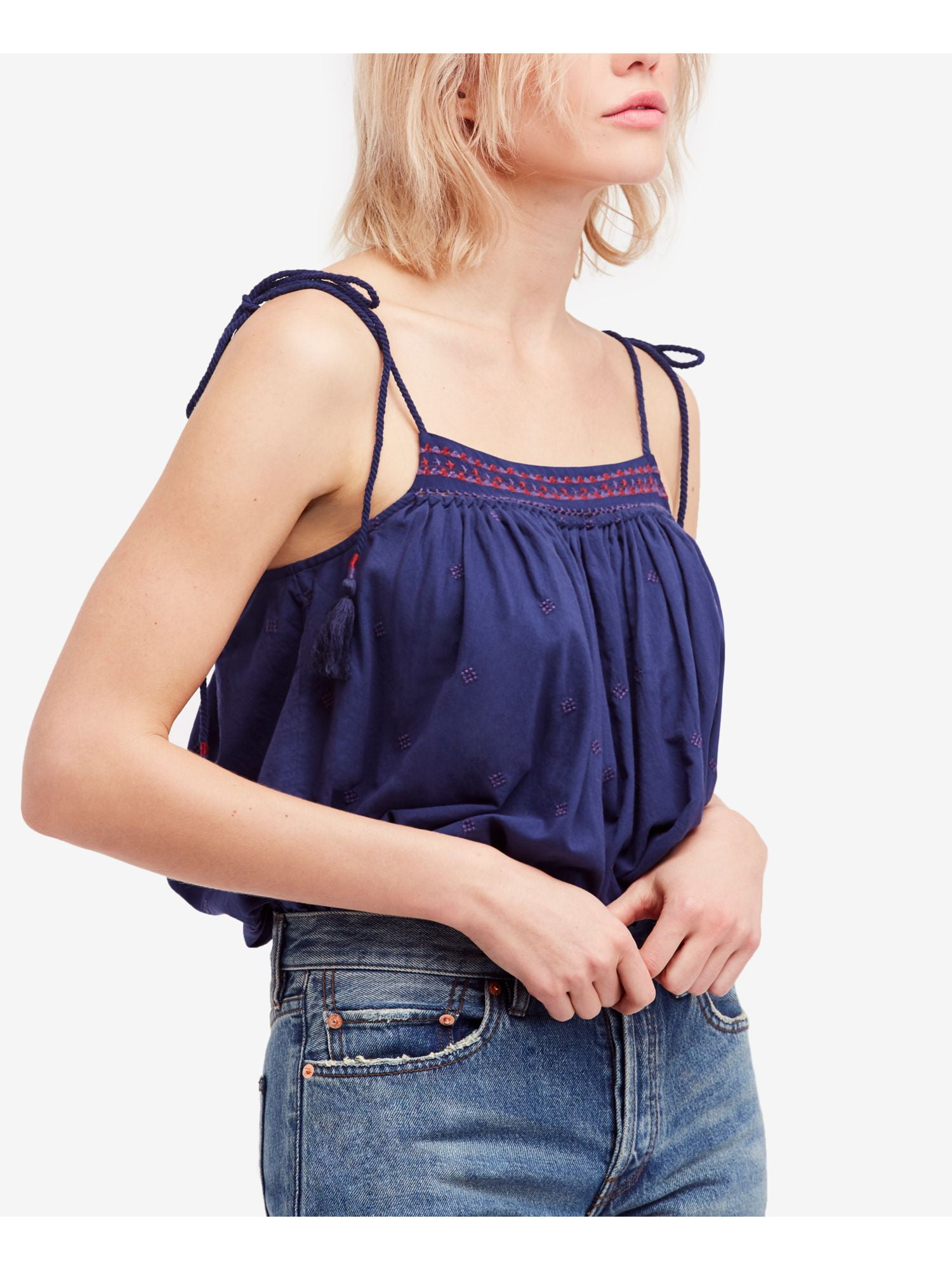 FREE PEOPLE Womens Navy Embroidered Cami Sleeveless Top S 