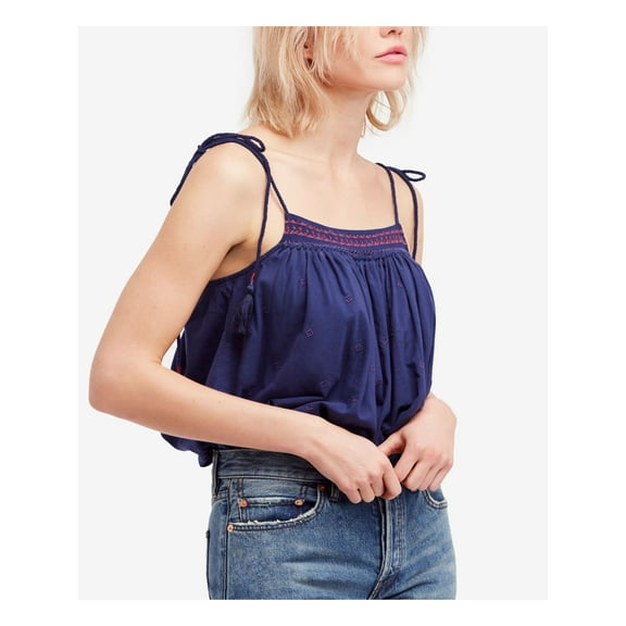 FREE PEOPLE Womens Navy Embroidered Top XS