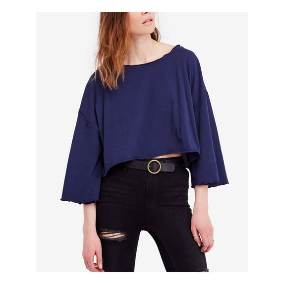 FREE PEOPLE Womens Navy Flare Sleeve Cropped Tee M
