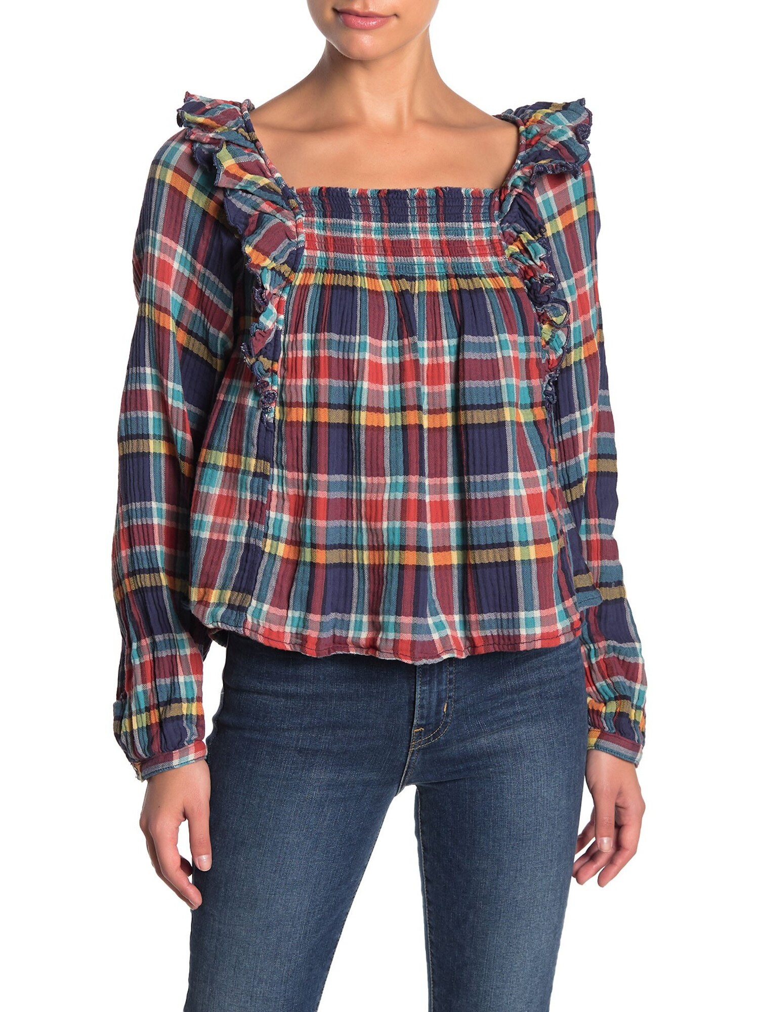 FREE PEOPLE Womens Navy Plaid Long Sleeve Square Neck Top Size: L - image 1 of 2