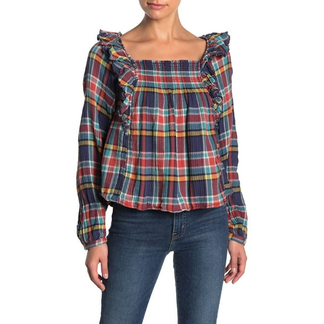 FREE PEOPLE Womens Navy Plaid Long Sleeve Square Neck Top Size: L