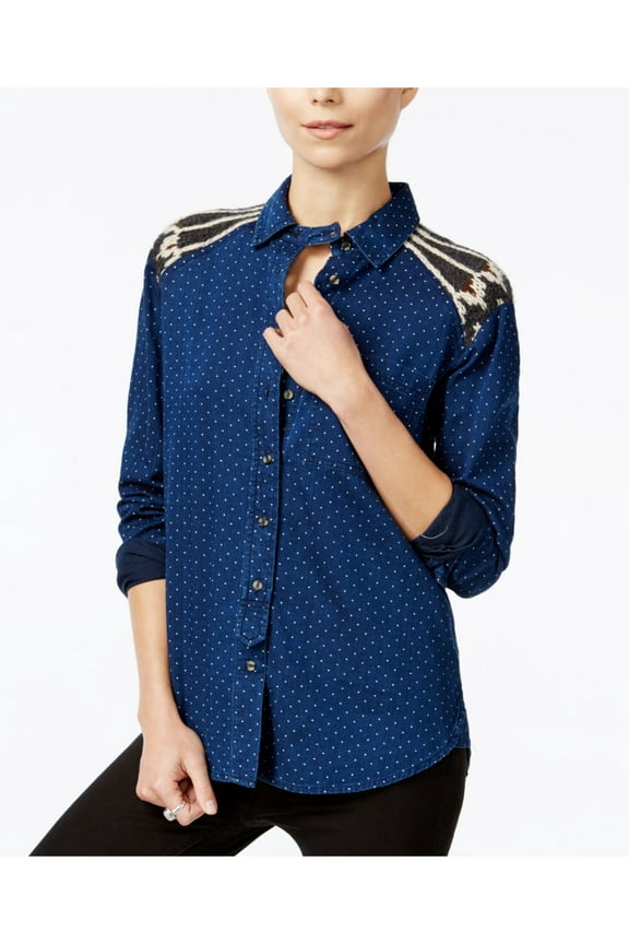 Womens Navy Printed Long Sleeve Collared Button Up Top M