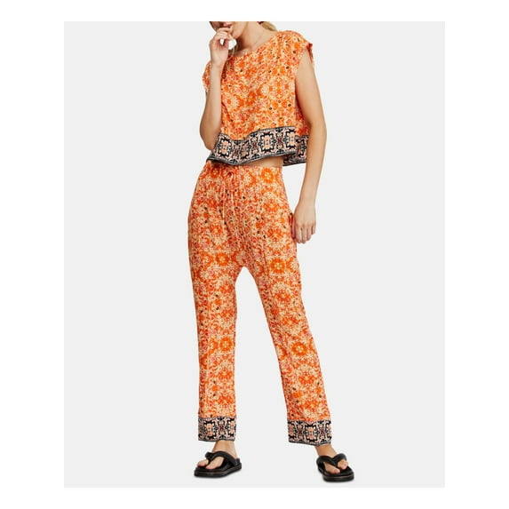 FREE PEOPLE Womens Orange Cap Sleeve Crew Neck Top Size: L