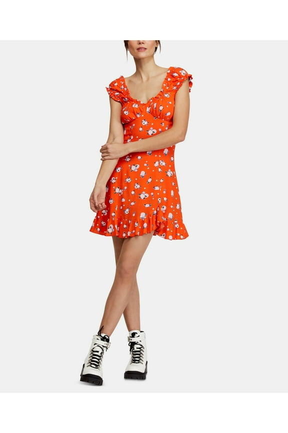 Womens Orange Floral Cap Sleeve Scoop Neck Mini Fit + Flare Dress L