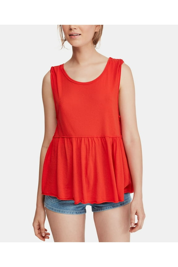 Womens Orange Ruffled Sleeveless Crew Neck Top Size: S
