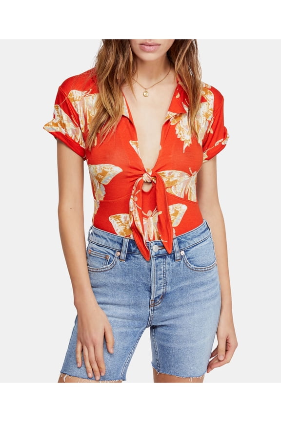 Womens Orange Tie Front Floral Short Sleeve V Neck Top Size: S