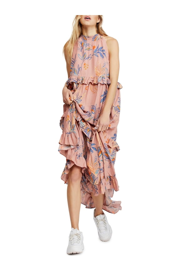 Womens Pink Floral Sleeveless Halter Maxi Ruffled Dress Size: XS