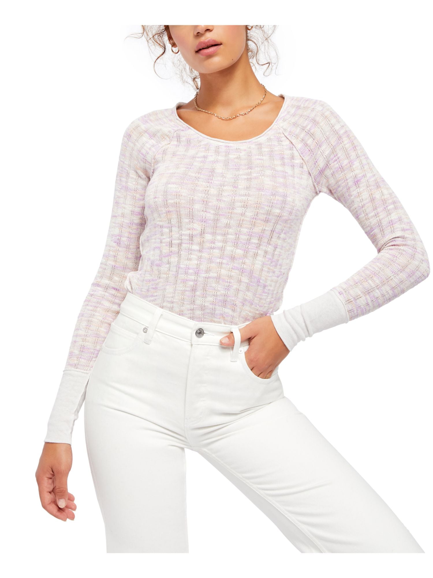 FREE PEOPLE Womens Light Purple Long Sleeve Scoop Neck Top Size: M