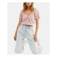 thumbnail image 1 of FREE PEOPLE Womens Pink Ruffled Heather Short Sleeve V Neck Peasant Top  Size XS, 1 of 4