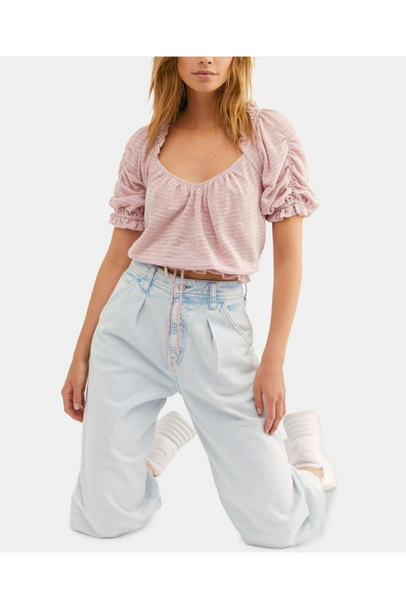 Womens Pink Ruffled Heather Short Sleeve V Neck Peasant Top Size XS