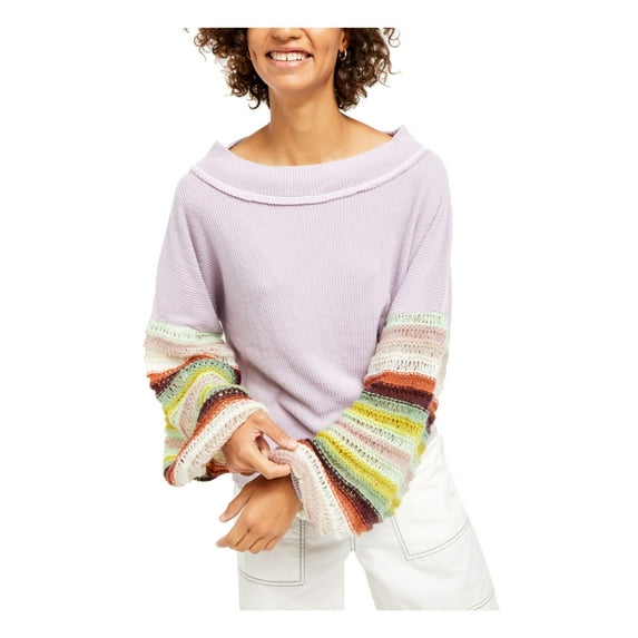 FREE PEOPLE Womens Purple Color Block Long Sleeve Boat Neck Sweater Size: L