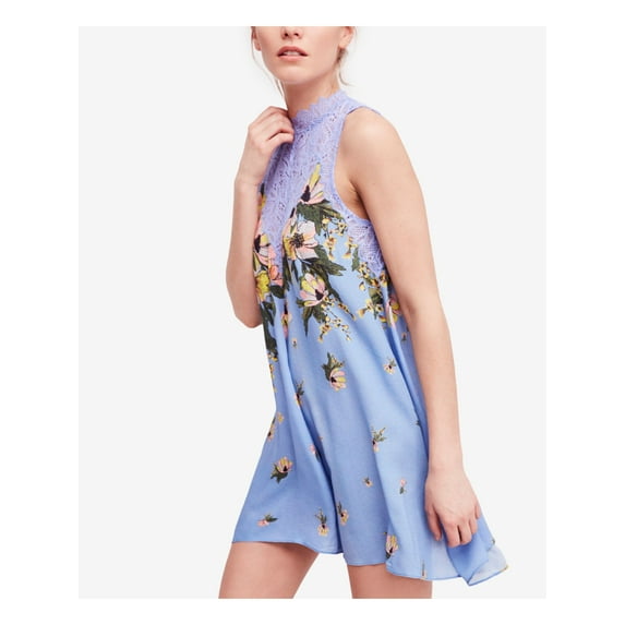 FREE PEOPLE Womens Purple Floral Print Lace Neck Sleeveless Above The Knee Party Trapeze Dress XS