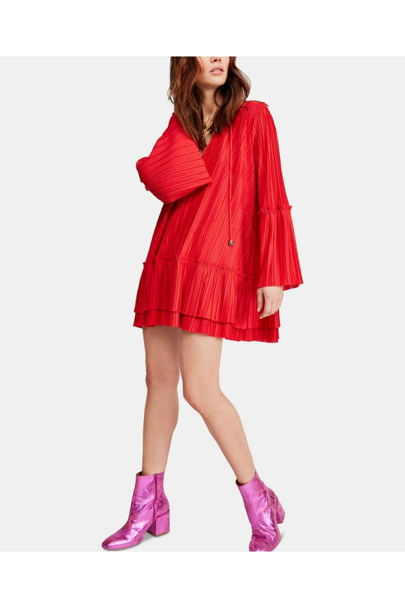 Womens Red Bell Sleeve V Neck Mini Shift Party Dress Size: L