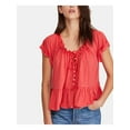 thumbnail image 1 of FREE PEOPLE Womens Red Ruffled Short Sleeve Scoop Neck Top L, 1 of 4
