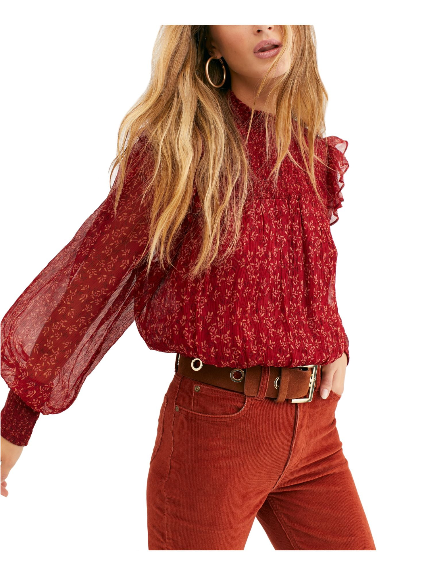 FREE PEOPLE Sheer Top Size: Sleeve Printed Womens Neck Mock S Long Red