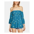 thumbnail image 1 of FREE PEOPLE Womens Teal Floral Long Sleeve Off Shoulder Tunic Top Petites XS\TP, 1 of 4