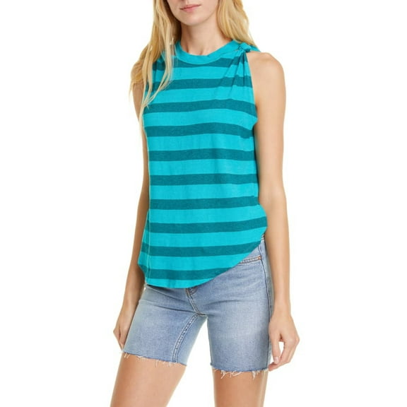 FREE PEOPLE Womens Teal Striped Sleeveless Crew Neck Top S