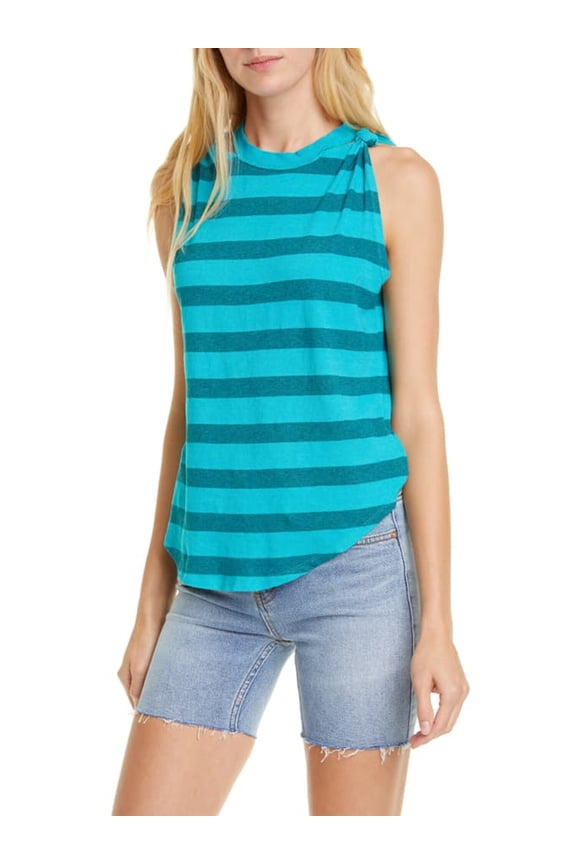 FREE PEOPLE Womens Teal Striped Sleeveless Crew Neck Top S