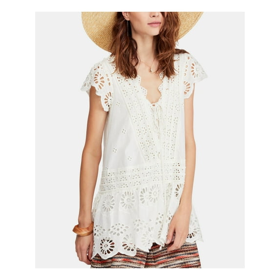 FREE PEOPLE Womens White Low Back Short Sleeve V Neck Top Size: L