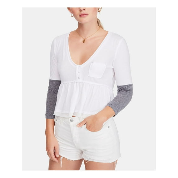 FREE PEOPLE Womens White Ruffled Long Sleeve V Neck Top Size: XS
