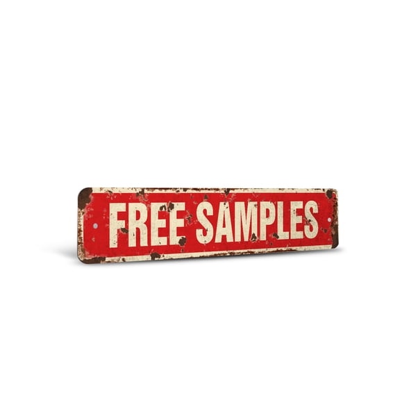 FREE SAMPLES Vintage Style Rustic Street Sign – Giveaways Sampler Consumer Product Freebie Retro Decorative Wall Sign for Home, Bar, Garage, or Outdoor Use | 4" X 18" Plastic Road Sign